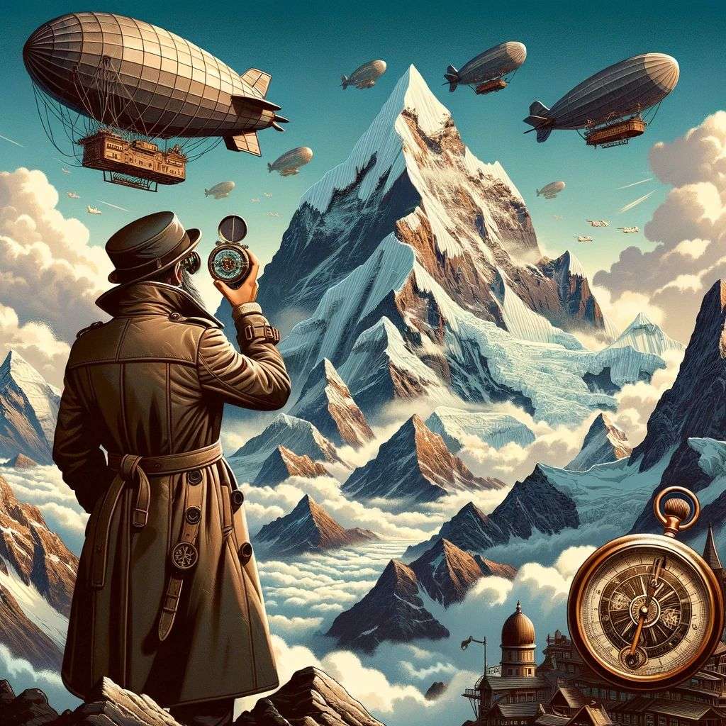 someone gazing at Mount Everest, digital art, steampunk